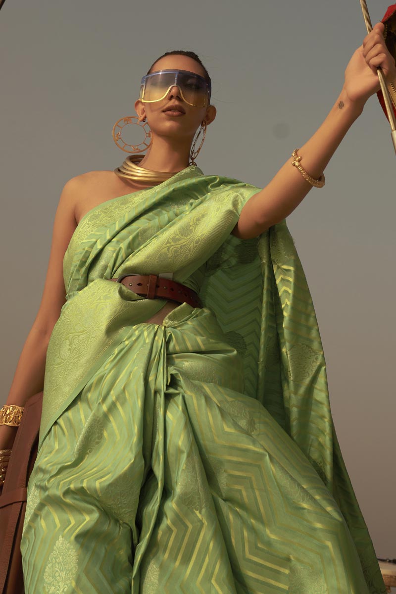 Weaving Work Reception Wear Lovely Saree In Sea Green Color Satin Fabric
