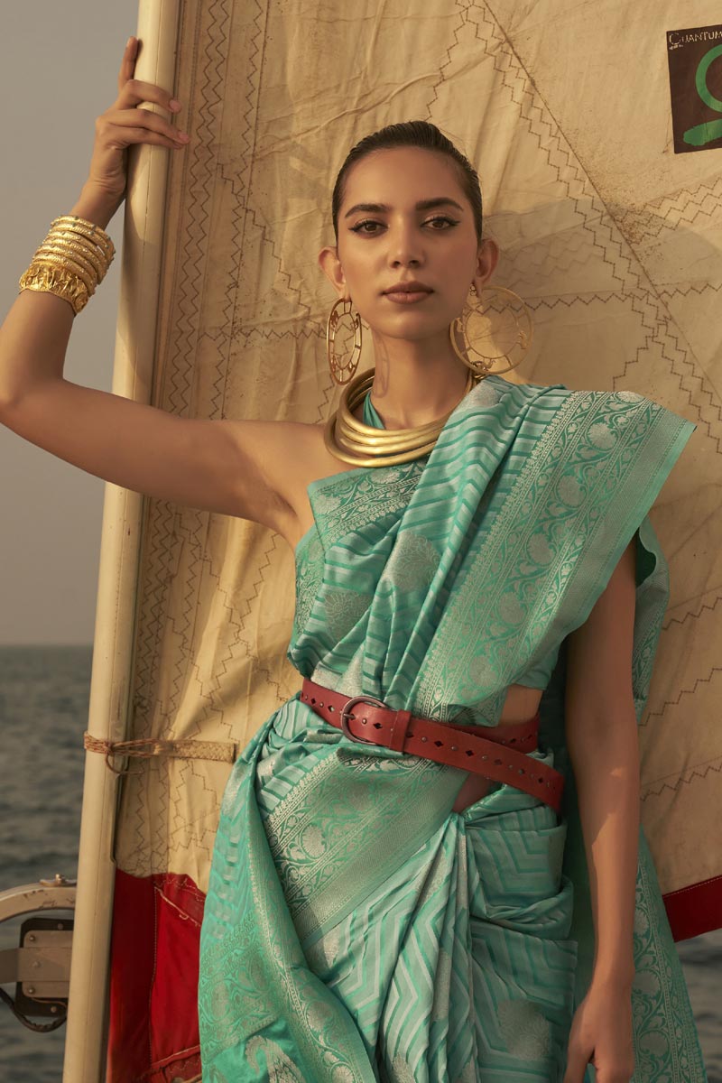 Glamorous Sea Green Color Satin Fabric Weaving Work Function Wear Saree