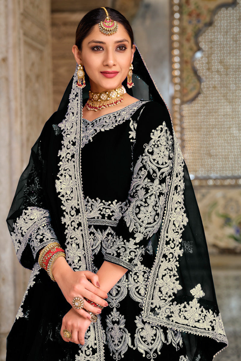 Velvet Fabric Sangeet Wear Vivacious Sharara Top Lehenga In Black Color