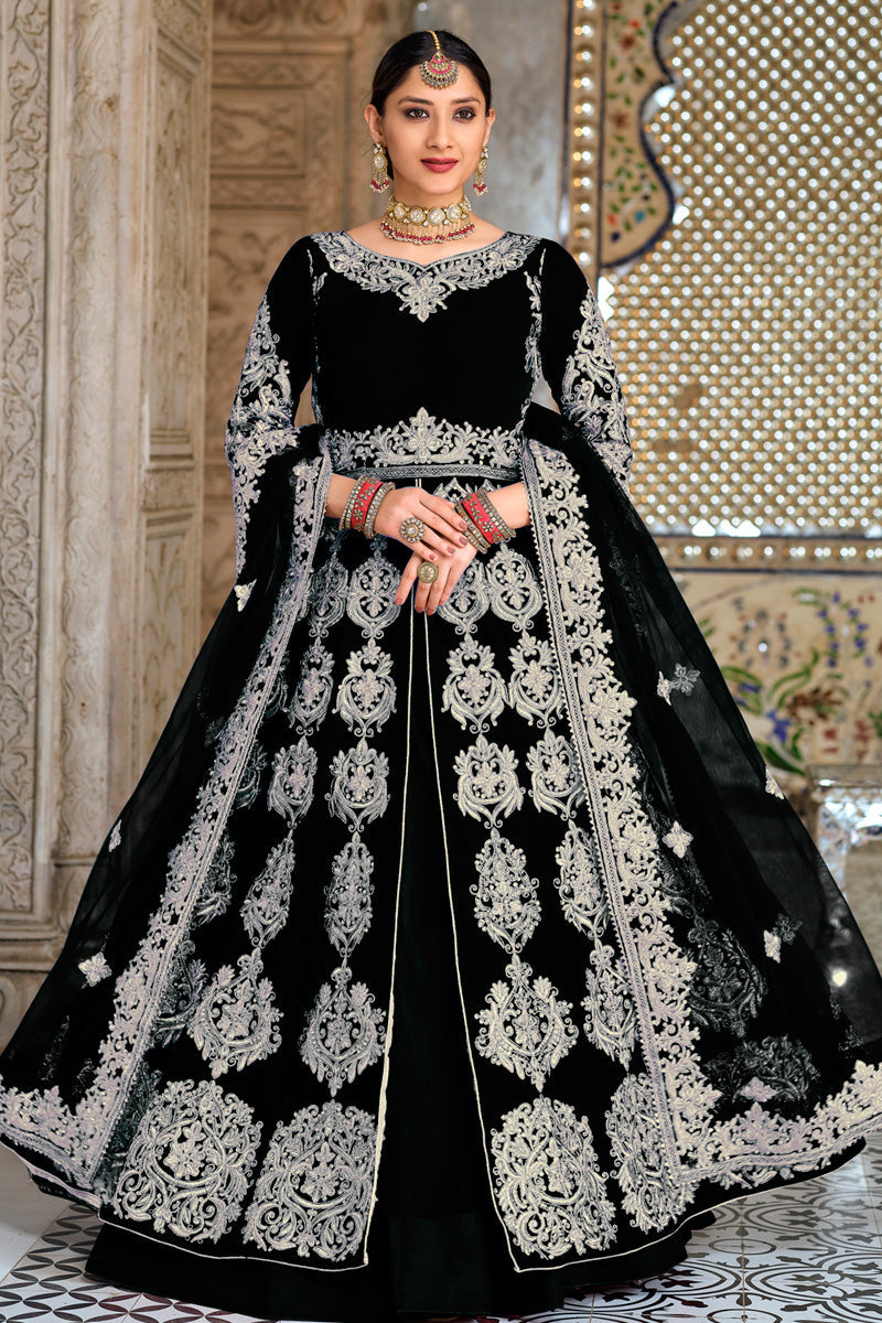 Velvet Fabric Sangeet Wear Vivacious Sharara Top Lehenga In Black Color
