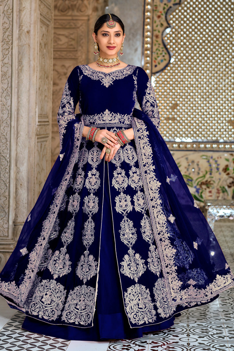 Velvet Fabric Sangeet Wear Mesmeric Sharara Top Lehenga In Blue Color