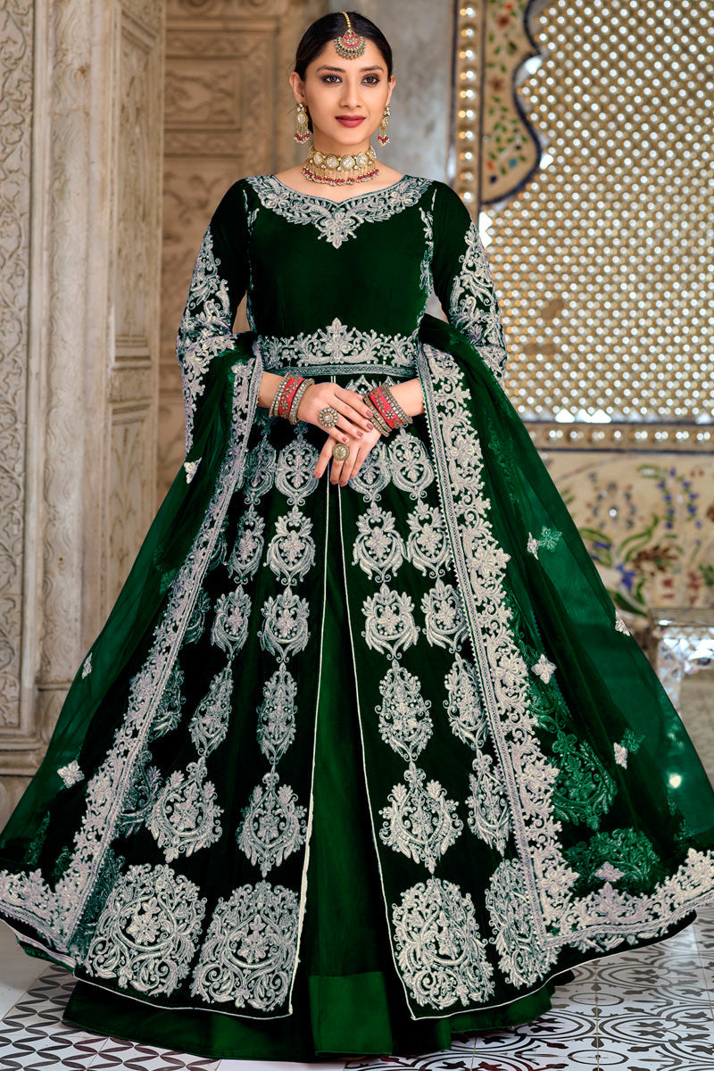 Velvet Fabric Sangeet Wear Wondrous Sharara Top Lehenga In Green Color