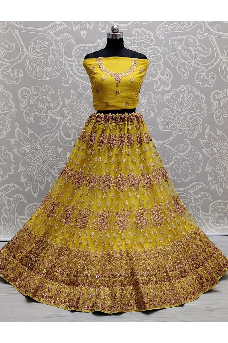 Yellow Color Wedding Wear Splendid Lehenga In Net Fabric