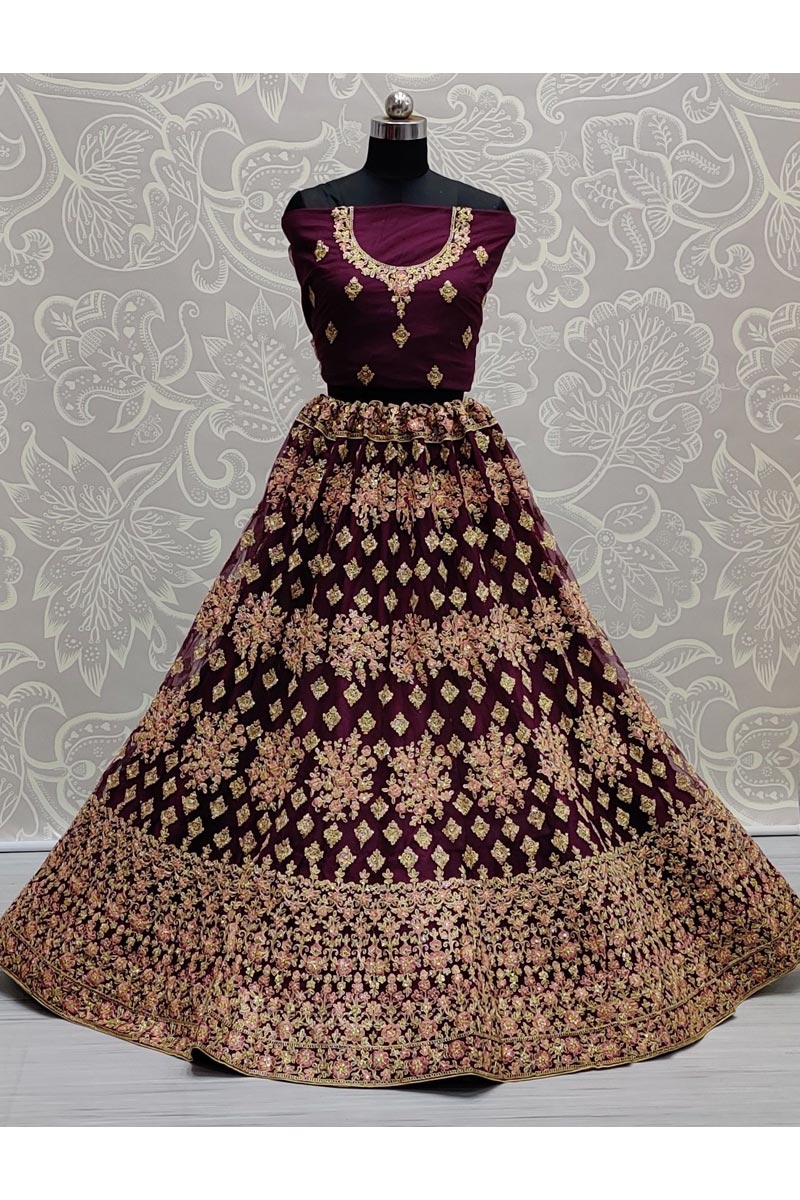 Wedding Wear Radiant Burgundy Color Net Fabric Lehenga