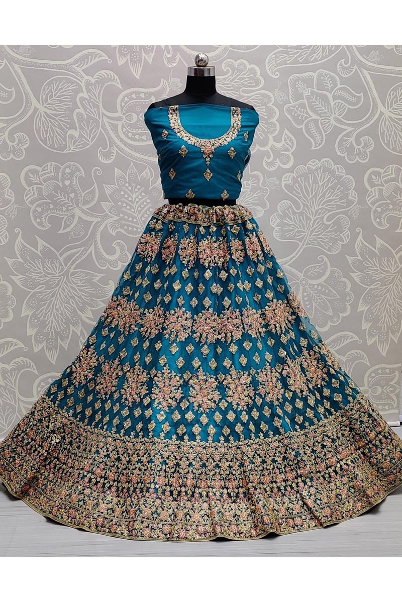 Excellent Net Fabric Cyan Color Lehenga In Wedding Wear