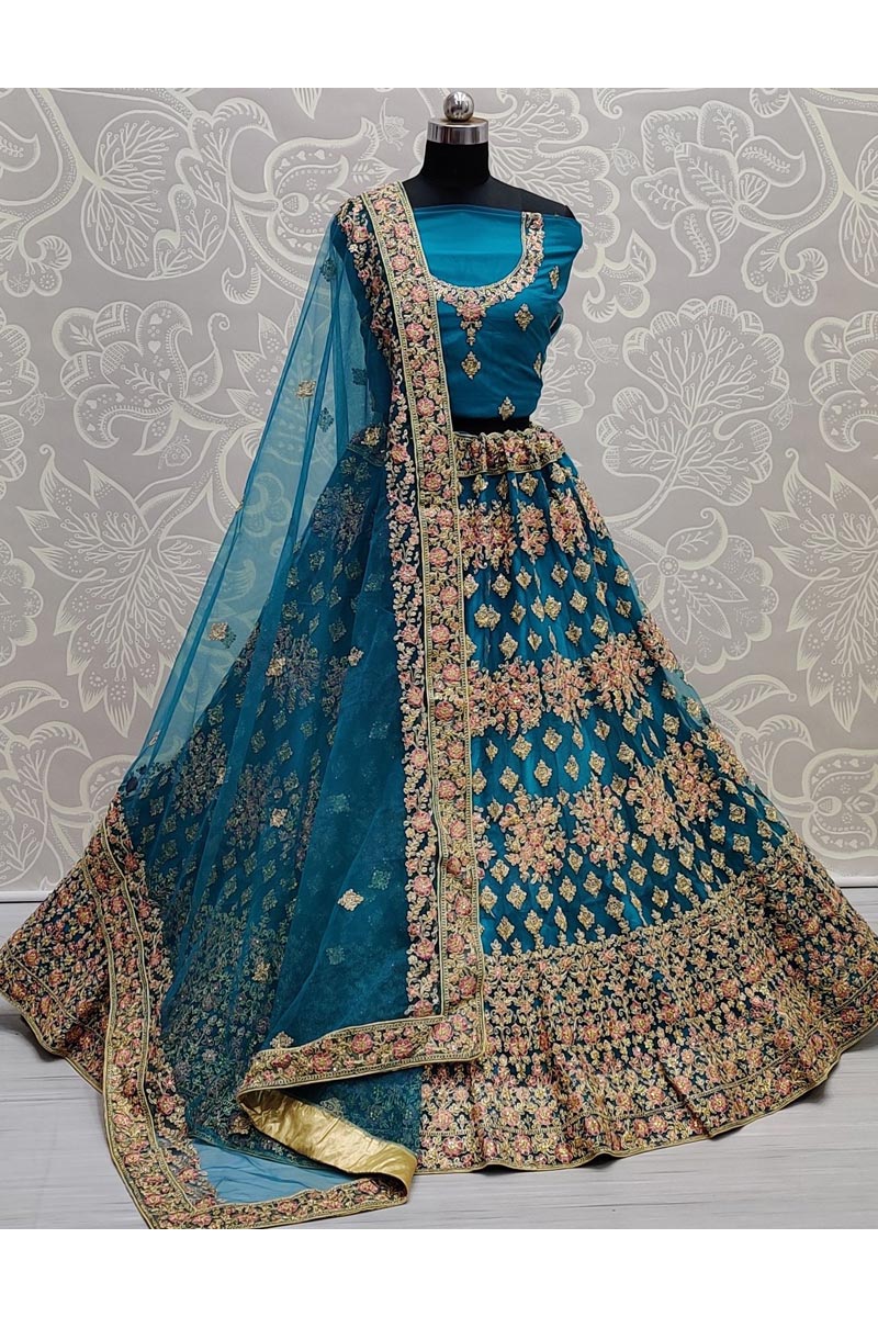 Excellent Net Fabric Cyan Color Lehenga In Wedding Wear