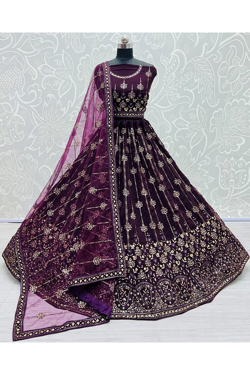 Purple Color Wedding Wear Net Fabric Beatific Lehenga