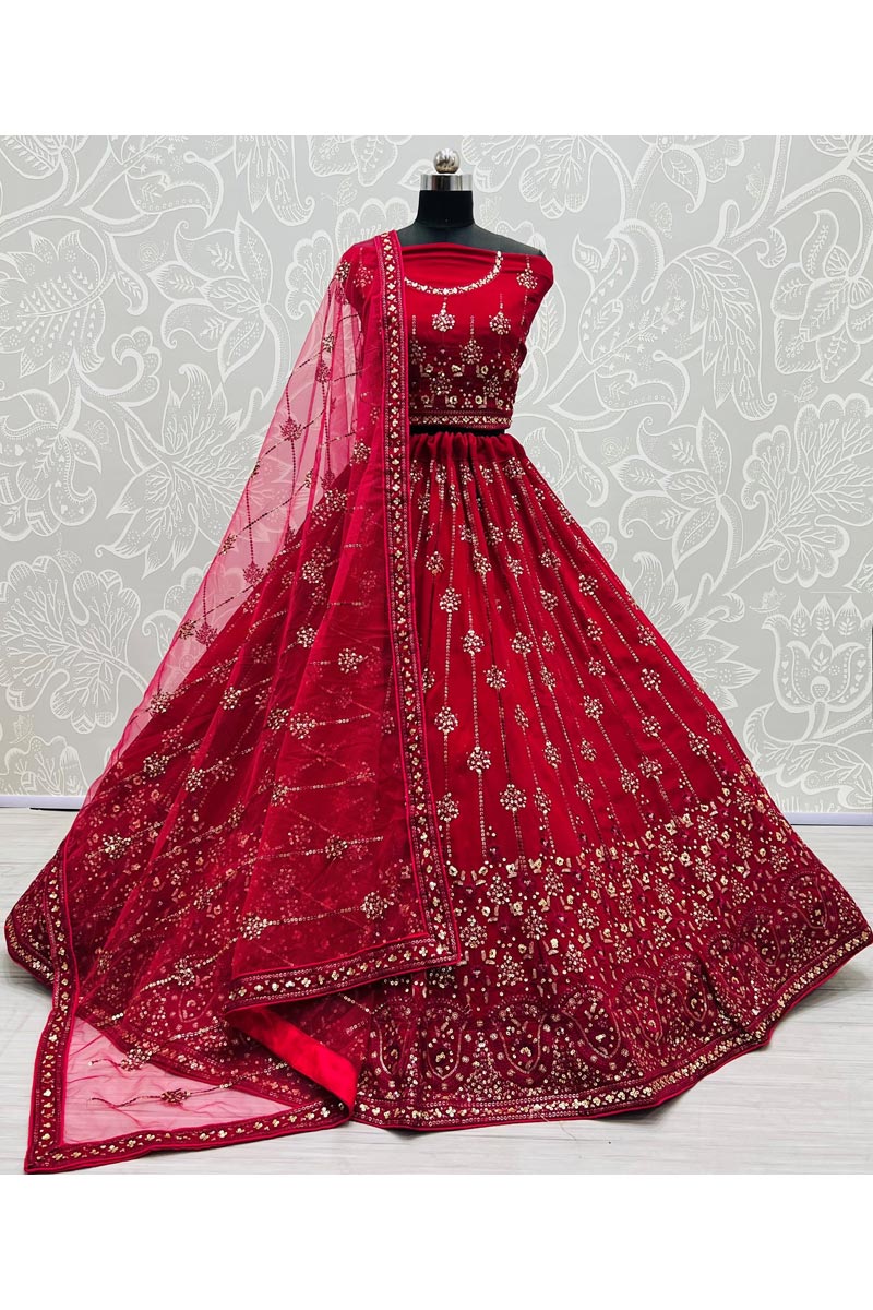 Wedding Wear Red Color Georgette Fabric Beguiling Lehenga