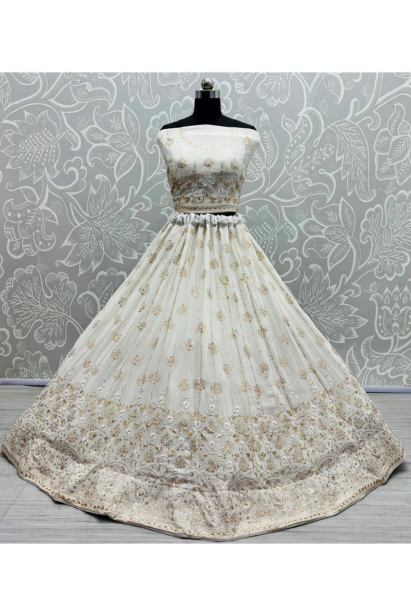 Georgette Fabric Off White Color Tempting Lehenga In Wedding Wear