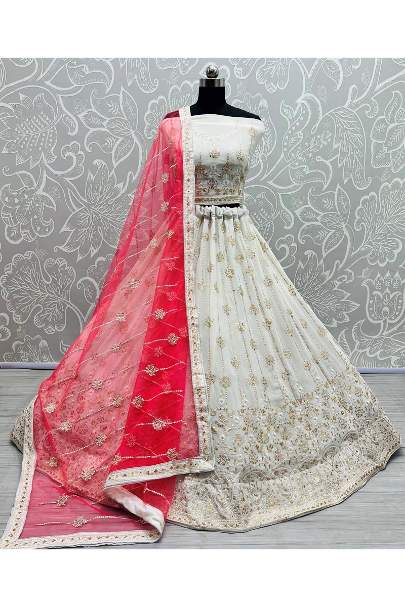Georgette Fabric Off White Color Tempting Lehenga In Wedding Wear