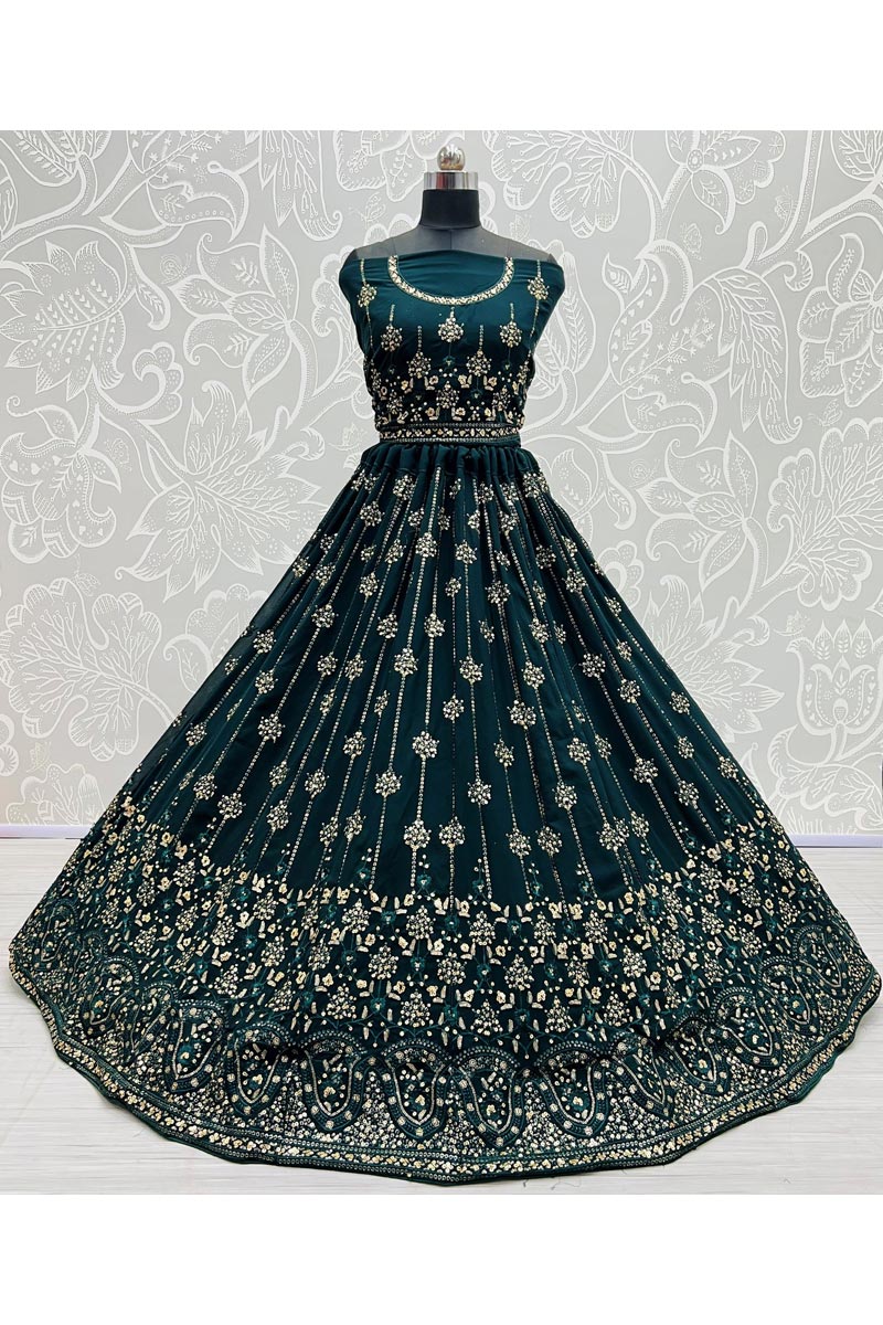 Wedding Wear Dazzling Teal Color Lehenga In Georgette Fabric