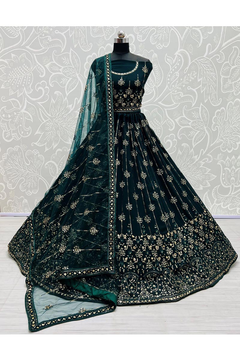 Wedding Wear Dazzling Teal Color Lehenga In Georgette Fabric