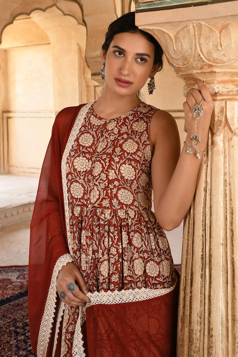 Imposing Cotton Printed Palazzo Suit In Rust Color