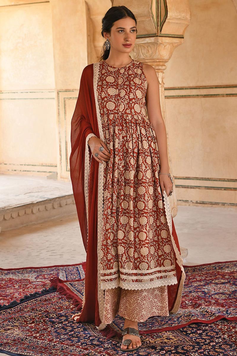 Imposing Cotton Printed Palazzo Suit In Rust Color