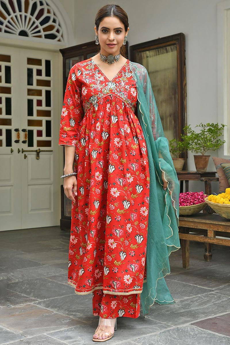 Aamna Sharif Delicate Red Cotton Printed Palazzo Suit