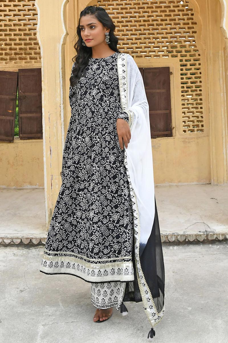 Blazing Black Cotton Printed Palazzo Suit