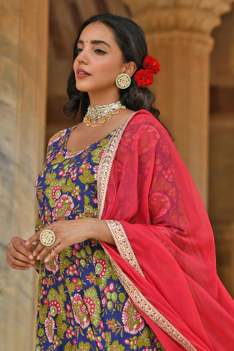 Blue Glamorous Cotton Printed Anarkali Suit