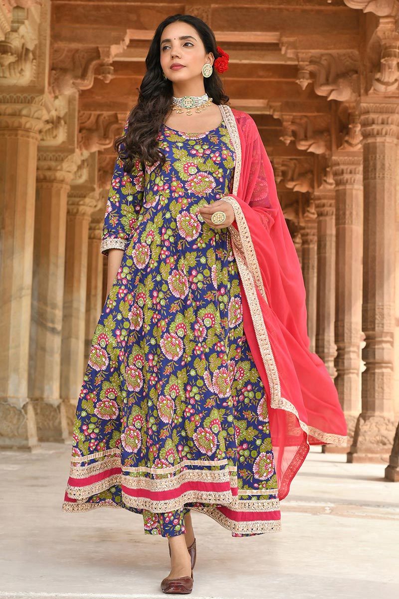 Blue Glamorous Cotton Printed Anarkali Suit