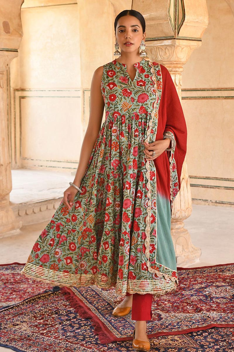 Green Exquisite Cotton Printed Anarkali Suit