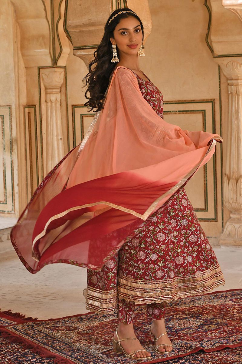 Maroon Brilliant Cotton Printed Anarkali Suit