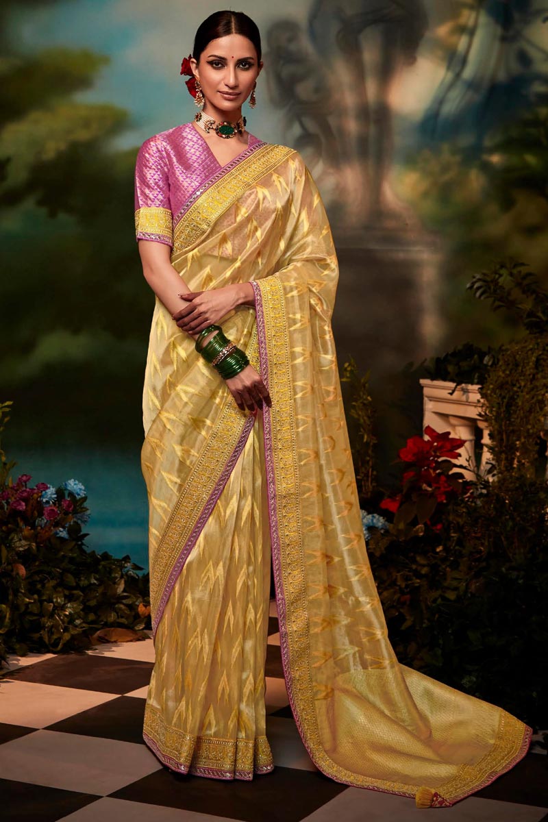 Beauteous Yellow Color Fancy Work Saree In Art Silk Fabric