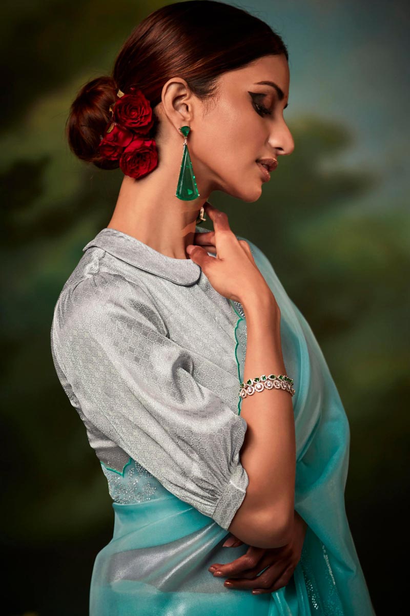 Cyan Color Art Silk Fabric Adorming Fancy Work Saree