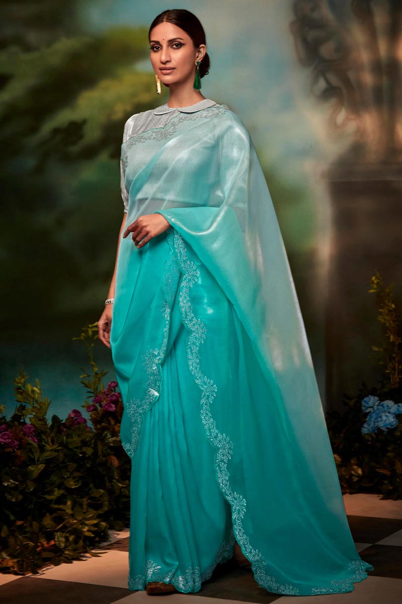 Cyan Color Art Silk Fabric Adorming Fancy Work Saree
