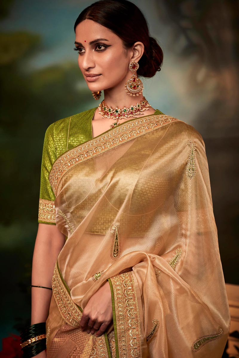 Peach Color Art Silk Fabric Stylish Fancy Work Saree