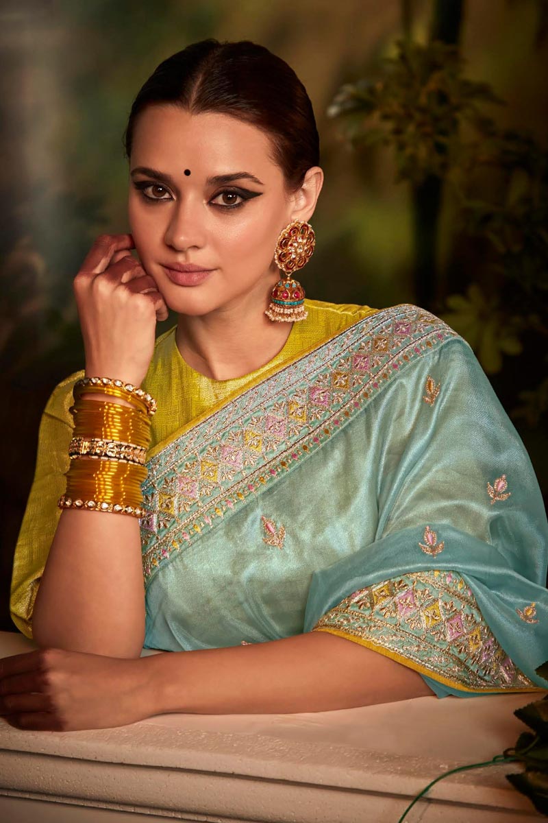 Light Cyan Color Inventive Saree In Art Silk Fabric
