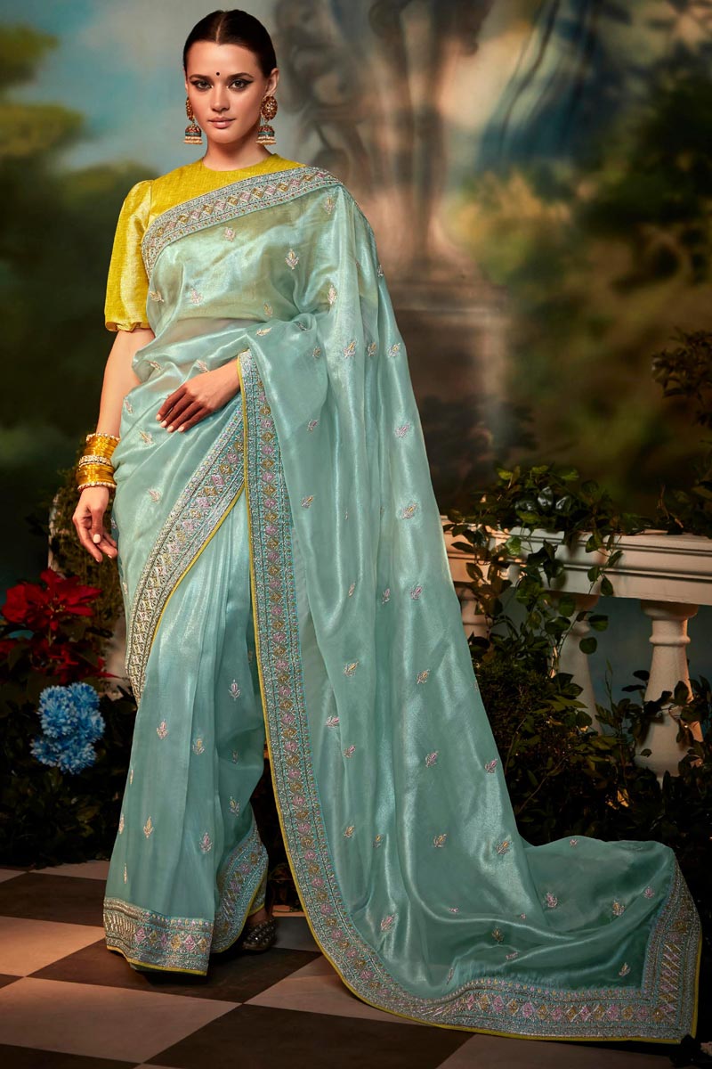 Light Cyan Color Inventive Saree In Art Silk Fabric