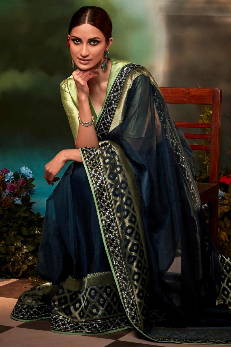 Navy Blue Color Art Silk Fabric Superior Fancy Work Saree