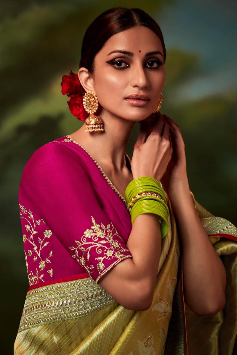 Art Silk Fabric Yellow Color Engrossing Fancy Work Saree