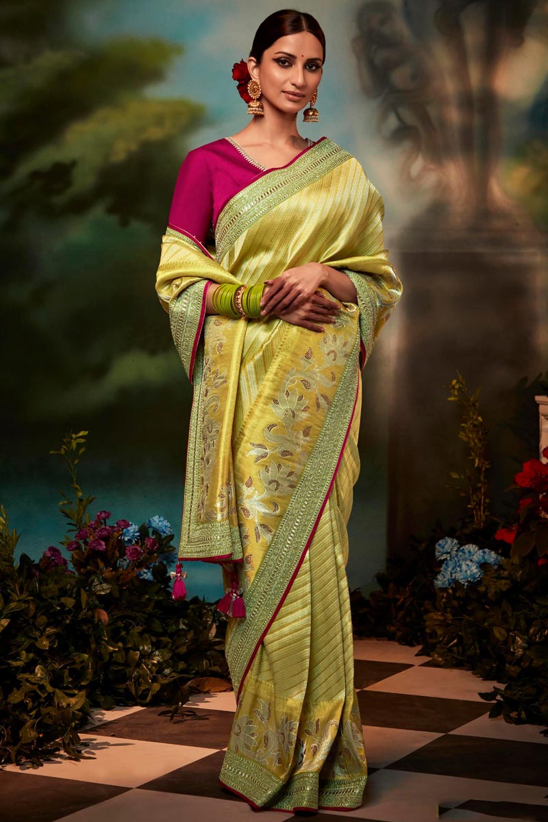 Art Silk Fabric Yellow Color Engrossing Fancy Work Saree