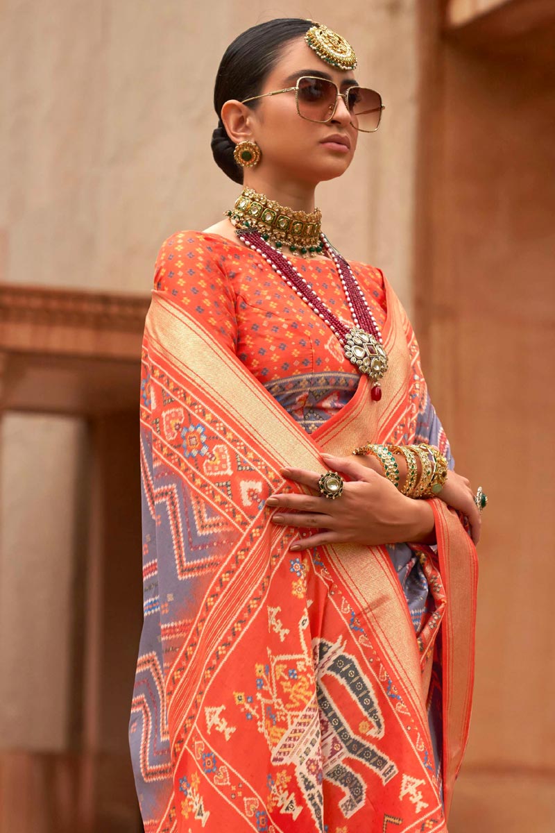 Function Wear Grey Patola Silk Vintage Saree