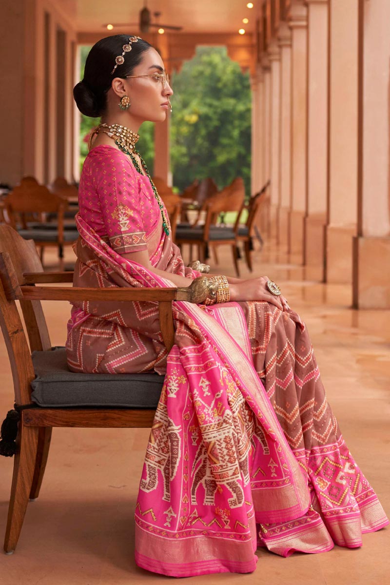 Brown Patola Silk Stunning Saree In Function Wear