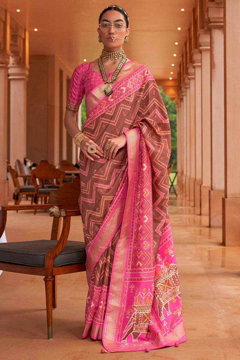 Brown Patola Silk Stunning Saree In Function Wear