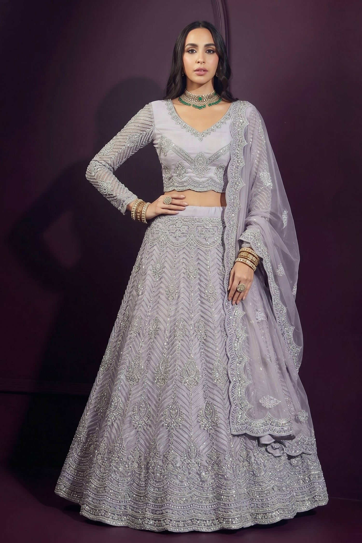 Grey Net Embroidered Traditional Wedding Lehenga Choli