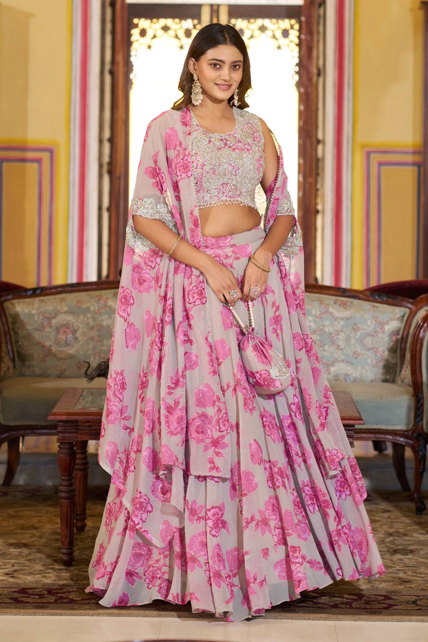 Floral Printed Georgette Designer Readymade Lehenga Choli Cape Style Dupatta