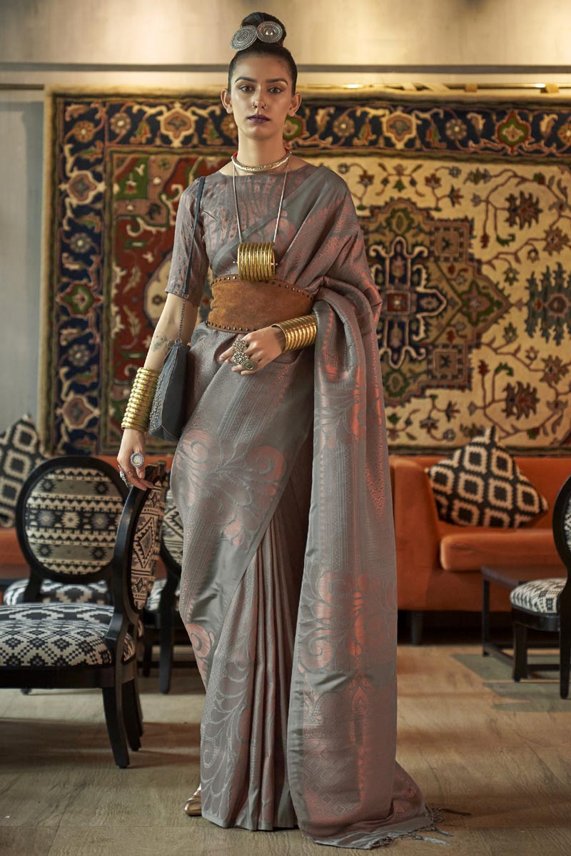 Soothing Art Silk Weaving Designs Saree In Grey Color