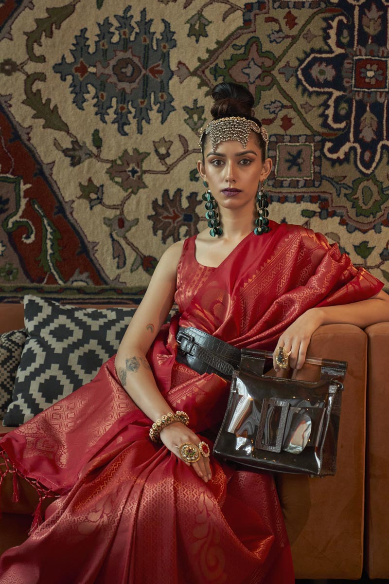 Delicate Red Color Art Silk Weaving Designs Saree