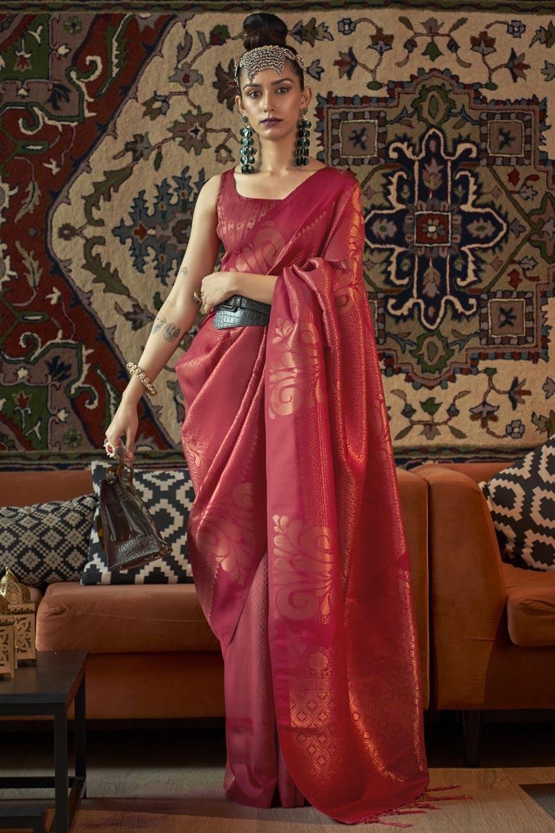 Delicate Red Color Art Silk Weaving Designs Saree