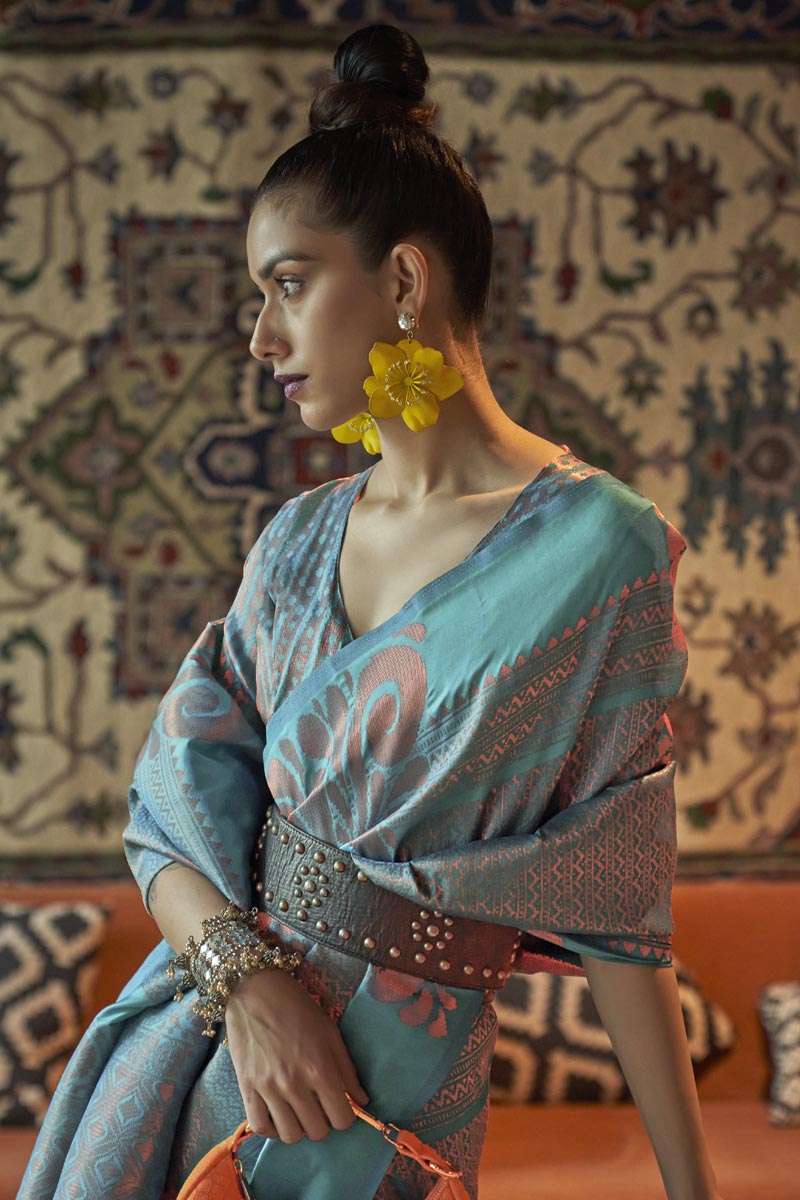 Cyan Color Gorgeous Art Silk Weaving Designs Saree