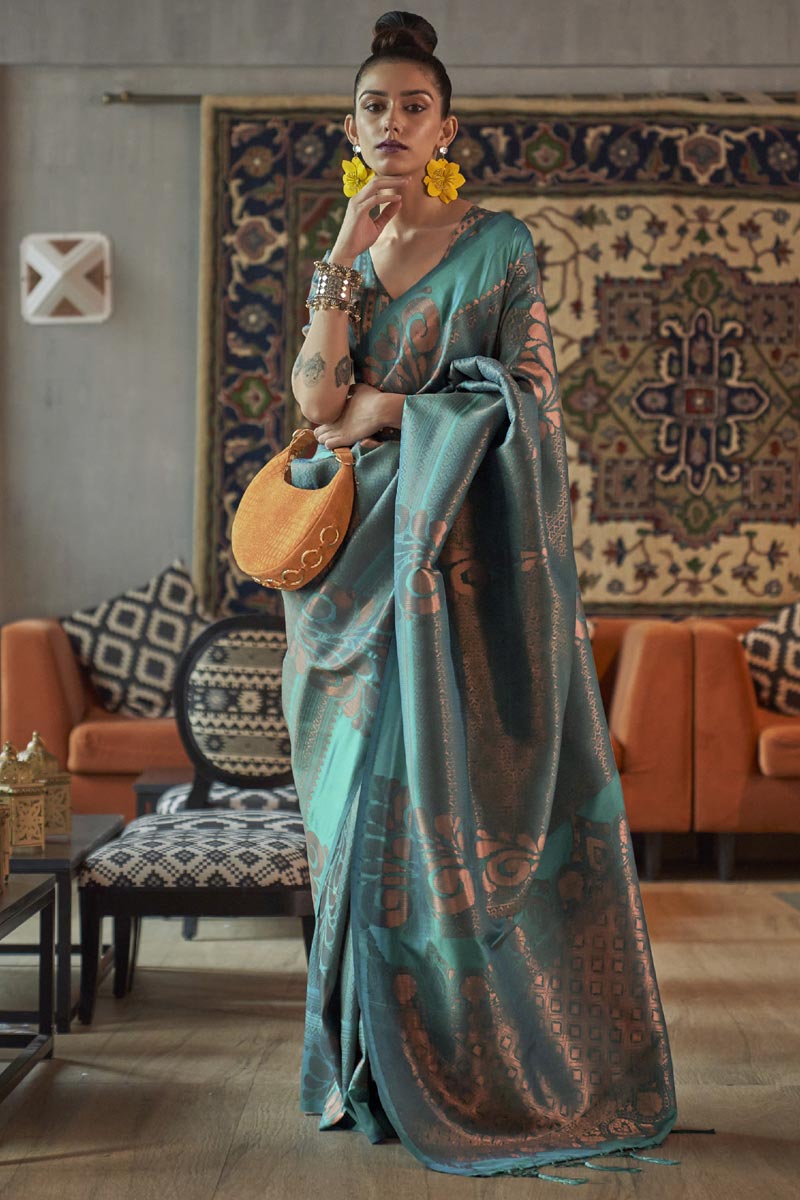 Cyan Color Gorgeous Art Silk Weaving Designs Saree