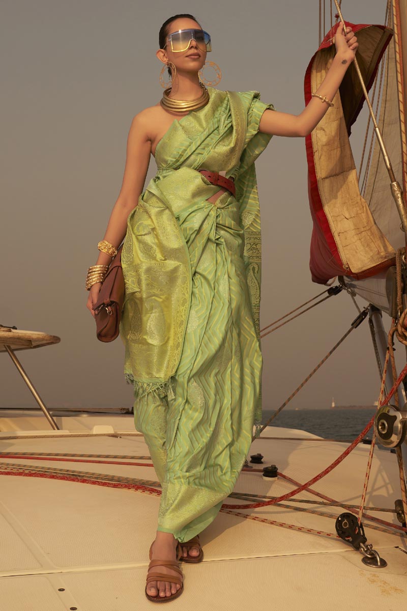 Weaving Work Reception Wear Lovely Saree In Sea Green Color Satin Fabric