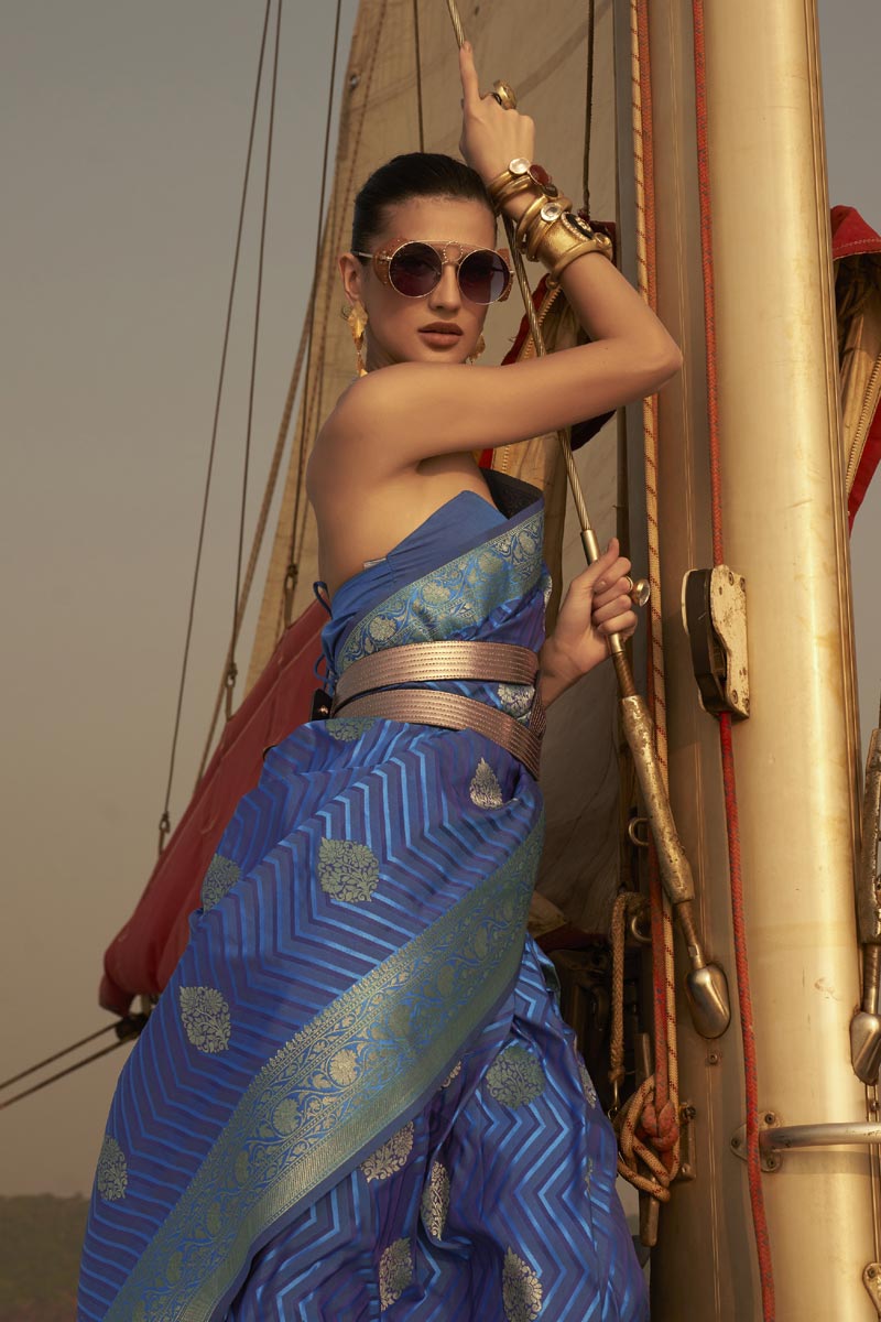 Function Wear Pretty Weaving Work Blue Saree In Satin Fabric