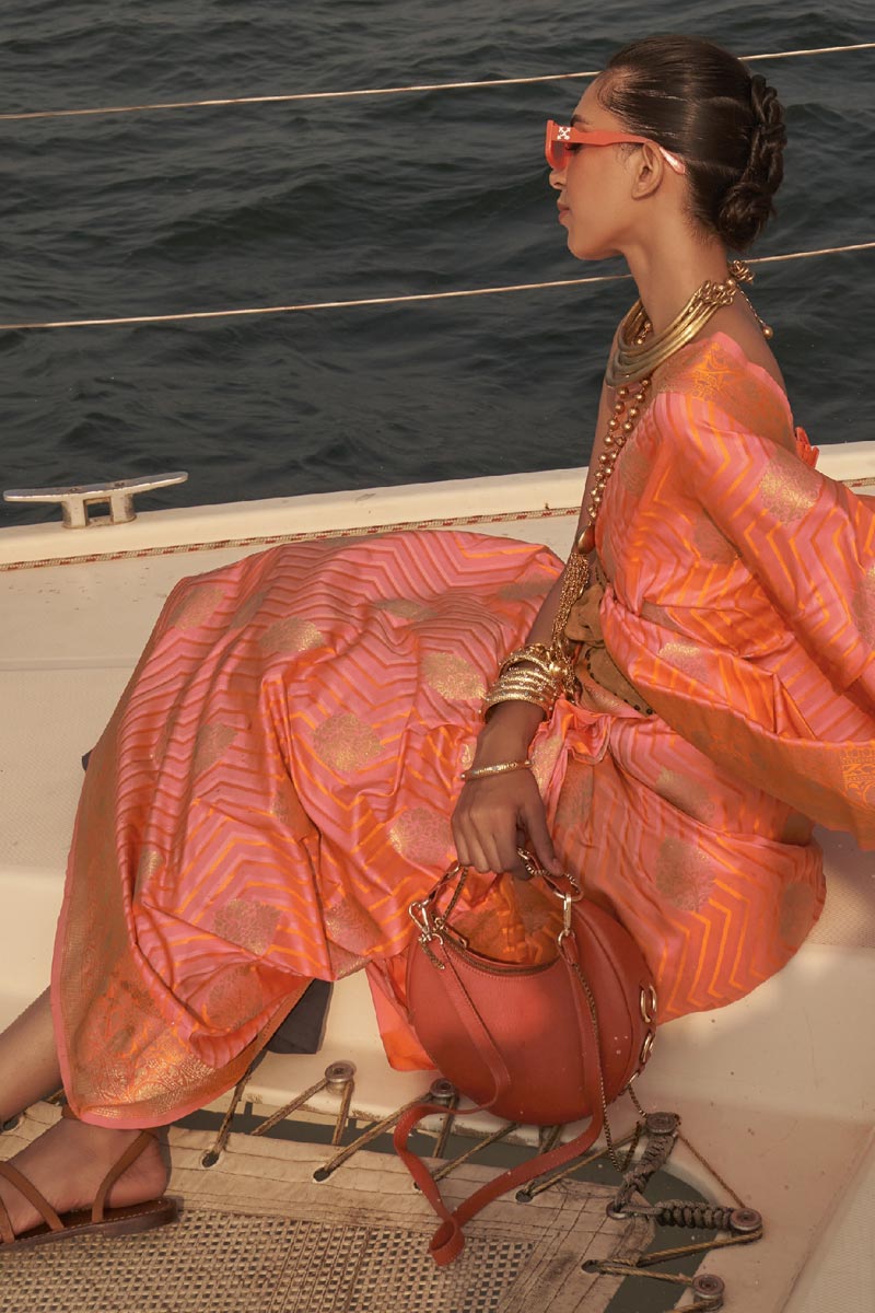 Exclusive Peach Color Weaving Work Satin Fabric Saree