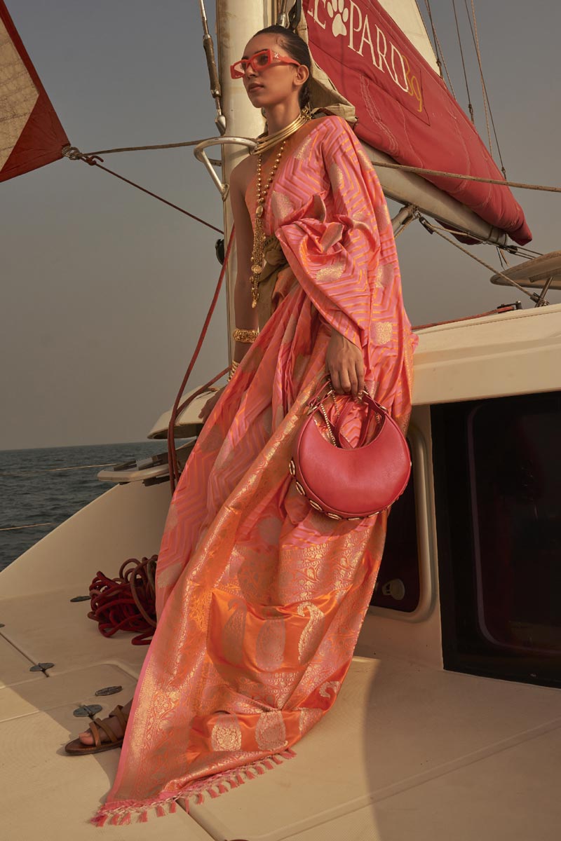 Exclusive Peach Color Weaving Work Satin Fabric Saree