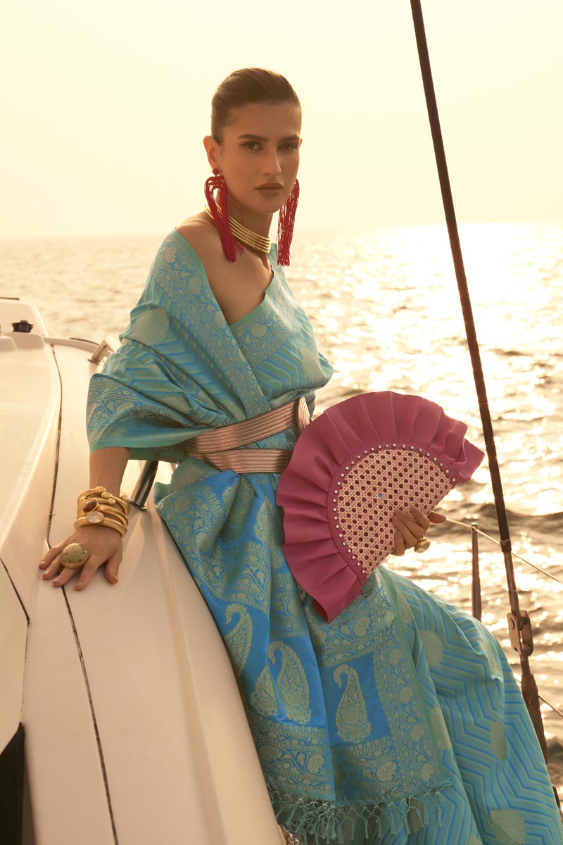 Cyan Color Beautiful Weaving Work Satin Fabric Saree