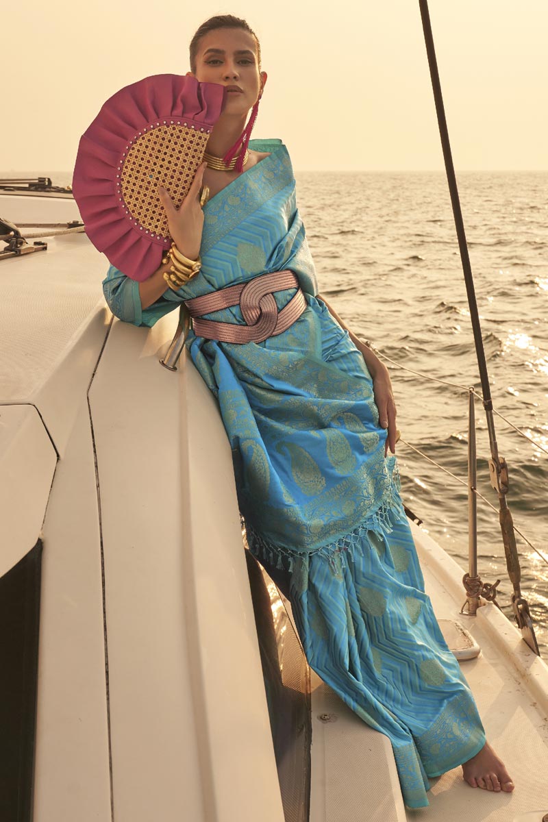 Cyan Color Beautiful Weaving Work Satin Fabric Saree