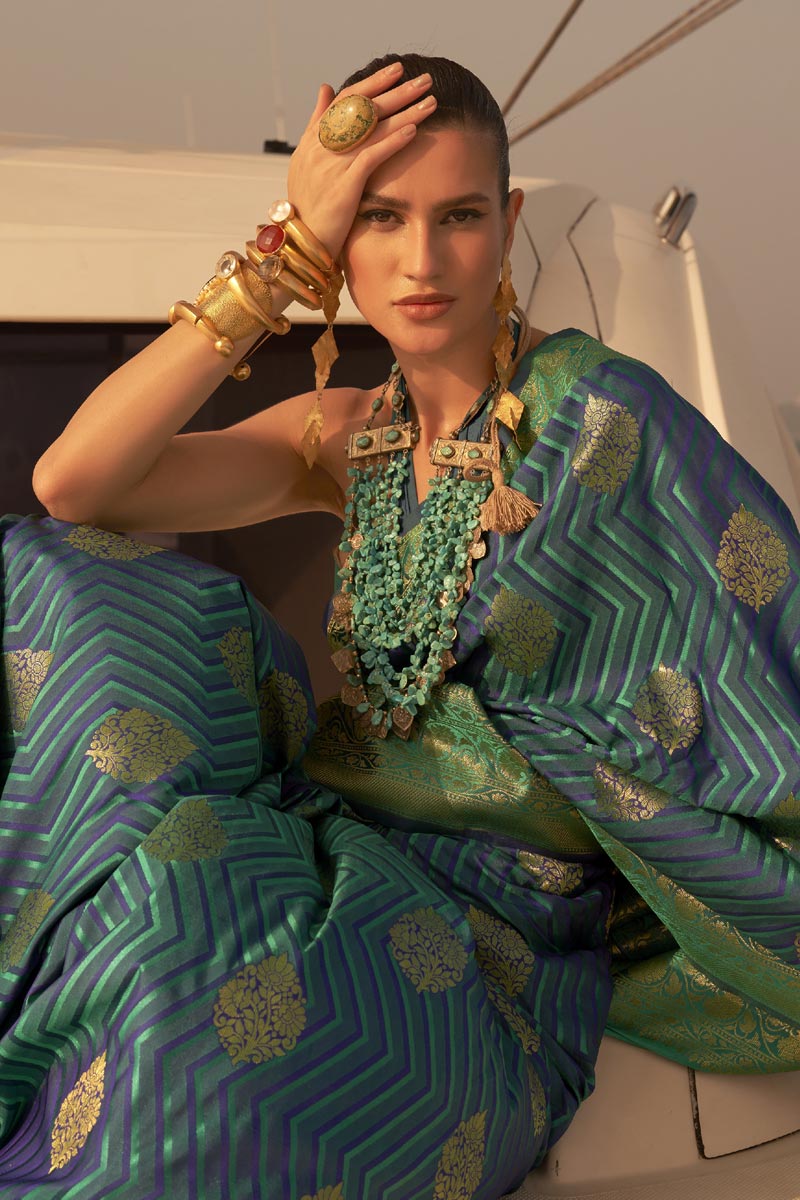 Satin Fabric Majestic Weaving Work Saree In Cyan Color